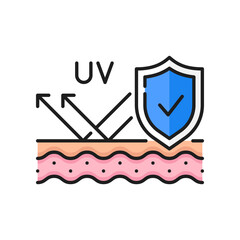 Sunscreen, UV rays protection skin care line icon. Sunburn treatment, ultraviolet sunlight screen cosmetics, dermatology product outline vector sign, icon or pictogram with skin epidermis layer