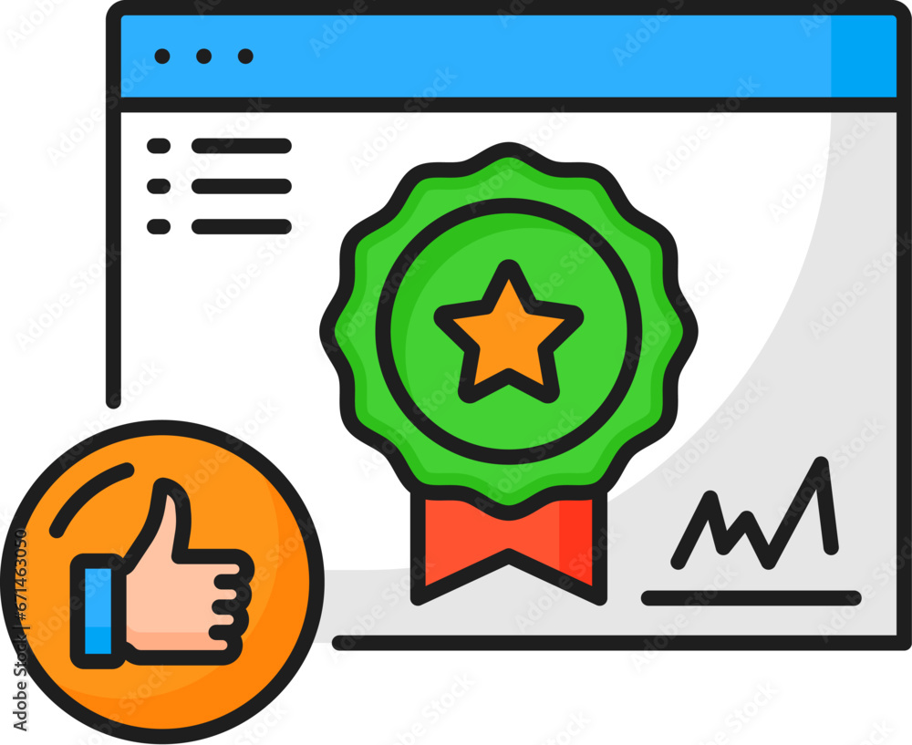 Poster Approved. Web audit icon of color line website page with award badge, star and ribbon. Vector SEO analysis report approval, web content, technical, security, link, design, competitors audit results