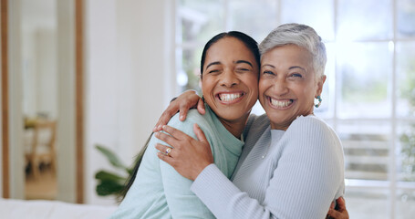 Hug, happy and portrait of mother and daughter in home for bonding, relationship and smile together. Family, love and mature mom embrace adult woman for mothers day, support and care in living room - Powered by Adobe