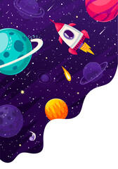 Cartoon starry space landscape with rocket and galaxy planets in sky, vector poster. Space exploration and galaxy adventure spaceflight with spaceship shuttle or spacecraft to galactic moon planet