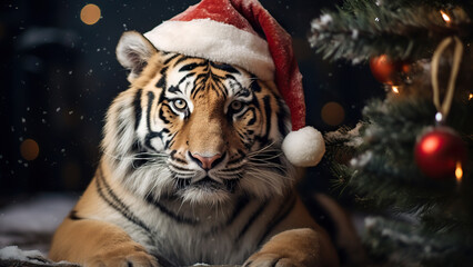 A tiger in a Santa Claus hat on a New Year's background.
