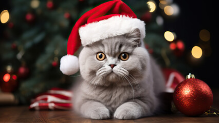 Obraz premium A cat in a santa hat by a Christmas tree.