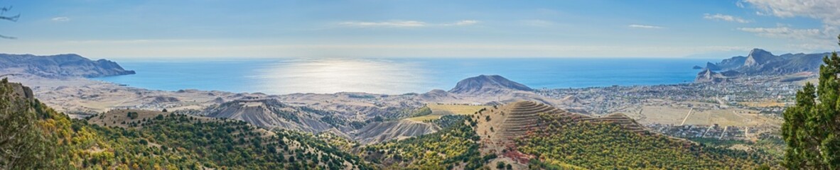 Panorama of Sudak area coastline, Crimea, Russia.