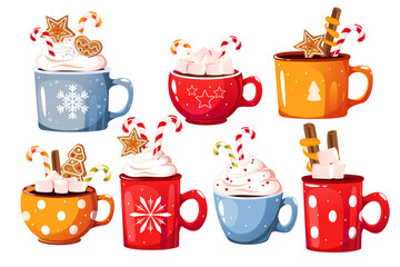 A set of hot chocolate in various mugs.Mug of hot chocolate, cocoa. Christmas drink with marshmallows, cinnamon, candies, gingerbread. Vector illustration.