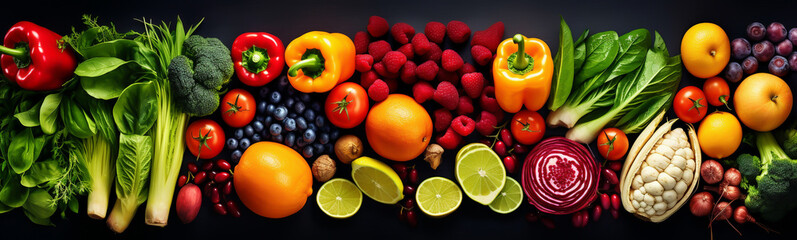 Different fruits and vegetables varieties in a heap - theme health and healthy food and nutrition - obrazy, fototapety, plakaty