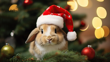 Photo of a cute rabbit in a Santa Claus hat on a New Year's background