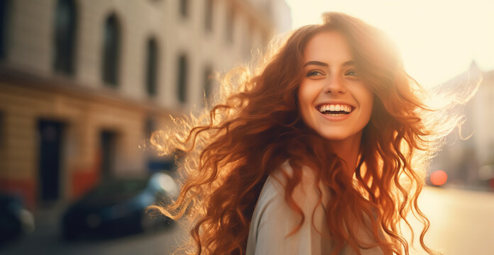 Young woman or teenager laughing, hair blowing in the wind, sun against the light, enjoying life - the theme is lifestyle, youth and having fun