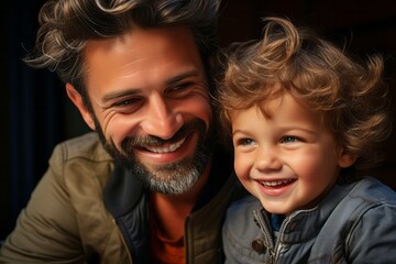 Happy father's day. Parents and children being friends. Portrait of cheerful and joyful father and son smiling together to camera, spending time at home together. Single dad concept