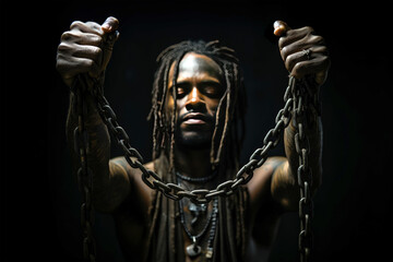 Fototapeta na wymiar International Day for the Abolition of Slavery - A man hold the chain waiting for freedom