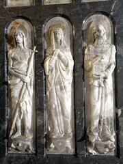 Alabaster sculptures of saints at the entrance to the Chapel of Our Lady of Montserrat, Basilica of Montserrat, Catalonia, Spain