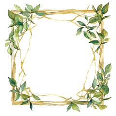 Golden rectangle with watercolor leafy frame border empty page white background