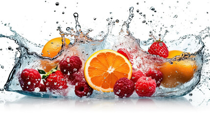 A splash of fruit is being poured into a water splash.
