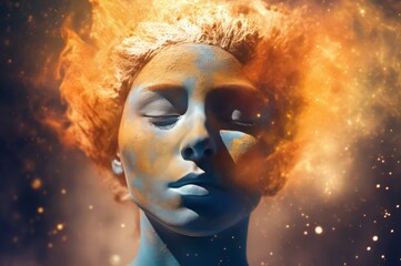 Cosmic nebula woman head in fire. Star glowing virtual creative peace. Generate Ai