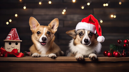 A dogs in a santa hat by a Christmas tree and background.
