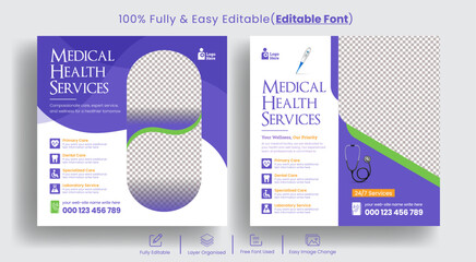 Editable Medical healthcare service social media posts banner template, Clinic or hospital promotional ads for instagram and facebook posts,
dental care ads, online health consulting and nursing care - obrazy, fototapety, plakaty