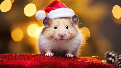 Fototapeta na wymiar A cute rat in a Santa Claus hat on a Christmas background.