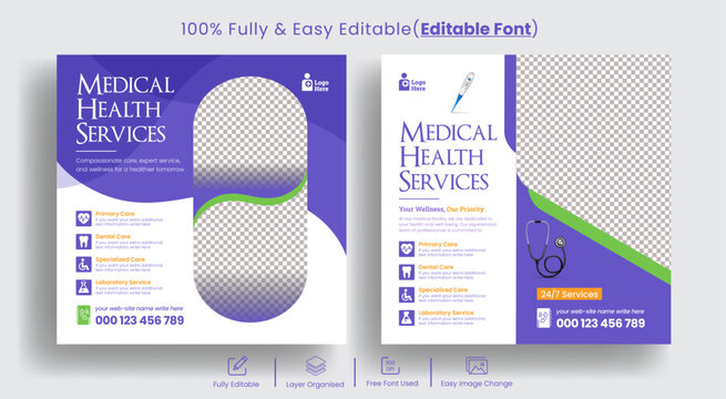 Editable Medical healthcare service social media posts banner template, Clinic or hospital promotional ads for instagram and facebook posts,
dental care ads, online health consulting and nursing care