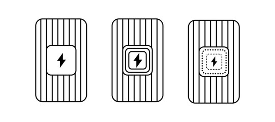 Charging icons. Outline, black, charging lightning icons. Vector icons