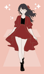 Fashion model posing on catwalk. Superstar walking on red carpet. Flash light behind. Hand drawn flat cartoon character vector illustration.