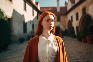 Red hair girl cinematic photo outdoor. Lady real face sun eye. Generate Ai