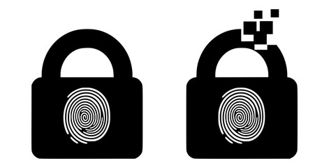 Biometric Security Icons with Fingerprint, Lock & Broken Lock with Pixelated Hinge