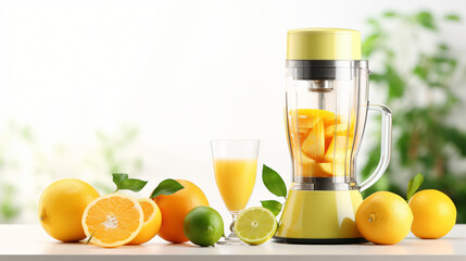 Modern juicer with fresh citrus fruits.
