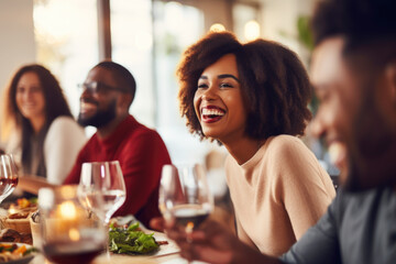 African American family having dinner during thanksgiving day. Happy people celebrating holiday, eating and laughing together