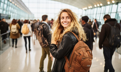 Joyful Blonde in Leather Jacket Smiles Amidst Busy Airport Passersby