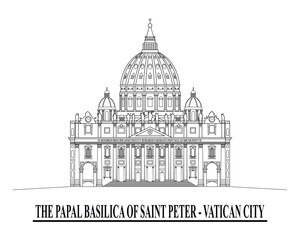 Line art vector of The Papal Basilica of Saint Peter in Vatican City or Saint Peters Basilica drawing in black and white - obrazy, fototapety, plakaty