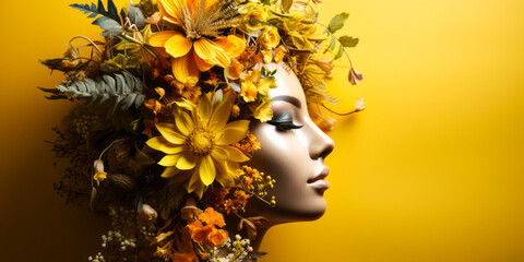 Woman with Lustrous Glow Seamlessly Merged with Yellow Flowers - obrazy, fototapety, plakaty