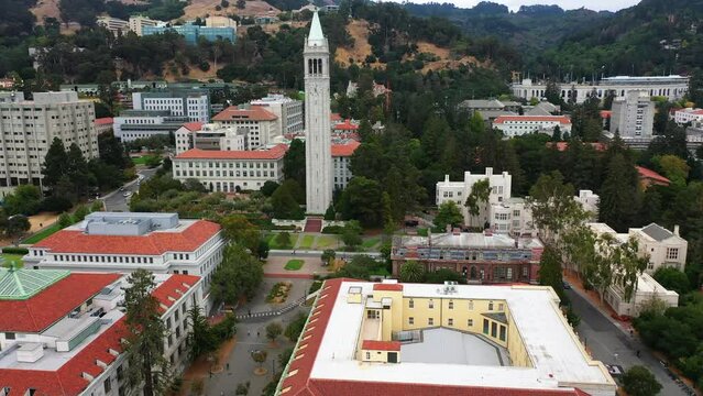 Aerial view passing the Campanile, Sather Tower of the University of California in Berkeley, USA