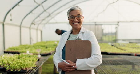 Scientist, woman and checklist for greenhouse plants, farming and agriculture inspection in happy portrait. Science expert or senior farmer with clipboard for food security, growth and sustainability