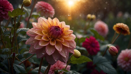 Colorful Dahlia Mix blooms with rain drops