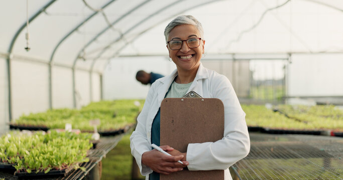 Scientist, woman and checklist for greenhouse plants, farming and agriculture inspection in happy portrait. Science expert or senior farmer with clipboard for food security, growth and sustainability - Powered by Adobe