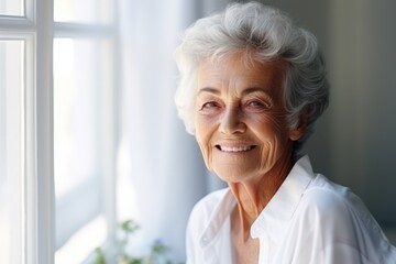 Fototapeta na wymiar Close-up portrait of a beautiful elderly woman in a white shirt, soft light from the window