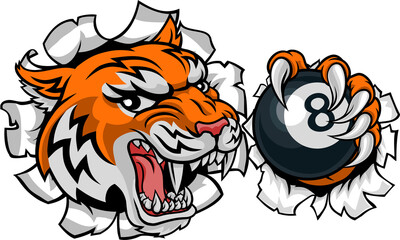 Tiger Angry Pool 8 Ball Billiards Mascot Cartoon