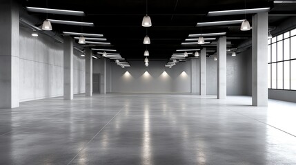 Industrial design project empty hall with led lights on top, grey walls and glossy concrete floor - obrazy, fototapety, plakaty