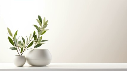 Vase with olive branch on white background