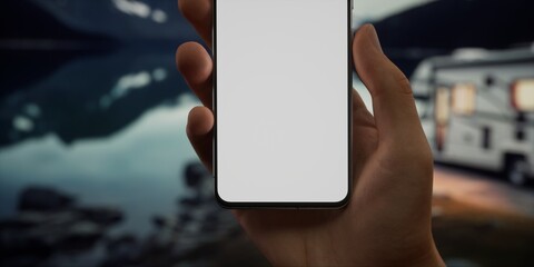 CU Caucasian male using his phone near the RV in the evening. Phone mockup