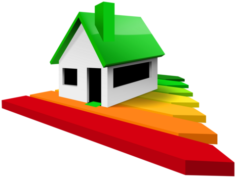 House energy efficiency rating. 3d illustration of a residential building with the energy performance chart, isolated on white or transparent background, png.