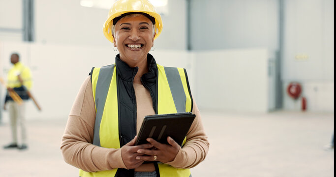 Happy woman, portrait and senior engineer with tablet for warehouse inspection, inventory or storage. Mature female person, architect or contractor smile with technology and hat in safety management - Powered by Adobe