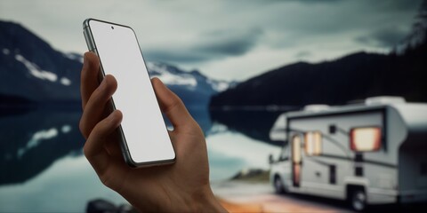 CU Caucasian male using his phone near the RV in the evening. Phone mockup