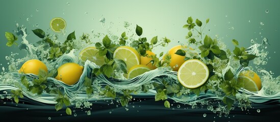Lime fruit slice, leaves and green juice splash - obrazy, fototapety, plakaty
