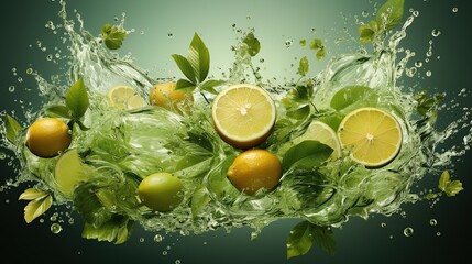 Lime fruit slice, leaves and green juice splash