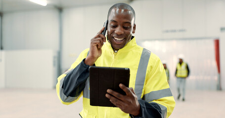 Happy black man, engineer and phone call with tablet for communication, networking or discussion at...