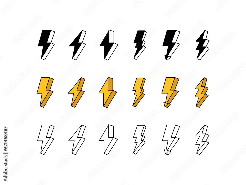 Poster lightning icons. different styles, icons of various lightning bolts in 3d style. vector icons