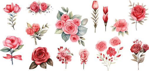Set of watercolor red roses in various styles on a white background.