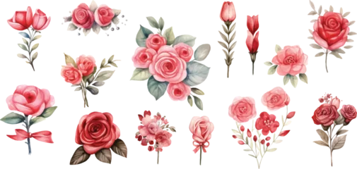 Fotobehang Bloemen Set of watercolor red roses in various styles on a white background.
