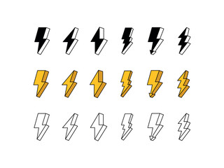 Lightning icons. Different styles, icons of various lightning bolts in 3D style. Vector icons