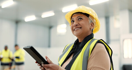 Happy engineering, woman thinking and tablet for construction, planning building and renovation...